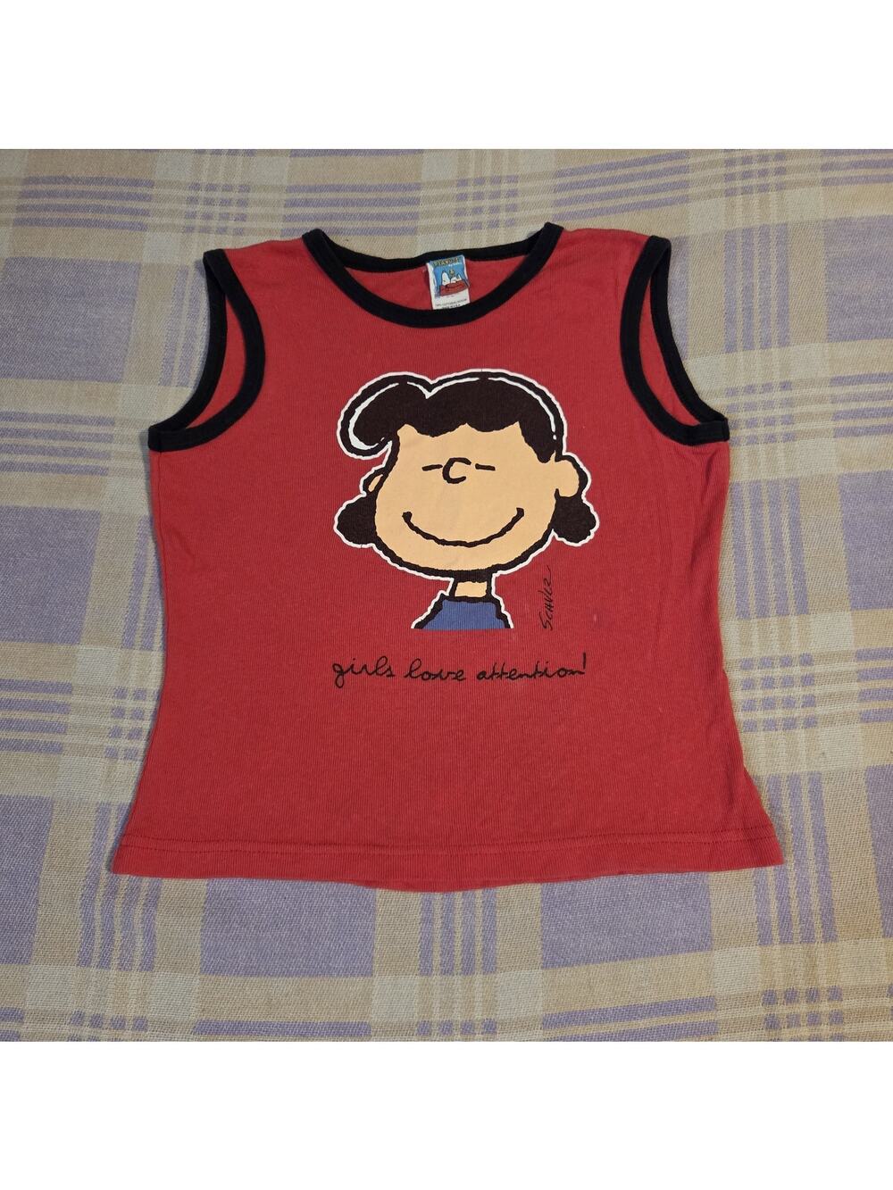 Vintage Peanuts Girls Love Attention Tank Top T Shirt Lucy Graphic Ringer USA